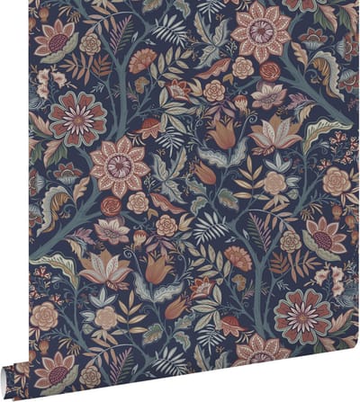 ESTAhome behang vintage bloemen donkerblauw en terracotta bruin - 53 cm x 10.05 m - 131335