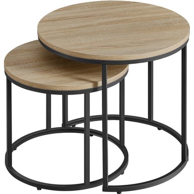 Bijzettafels SONOMA - Set van 2, Ronde, Industriële Stijl, Stalen Frame, Kleur: Eiken en Zwart, 53 x 45 cm, 43 x 35 cm