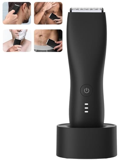 Elektrisch scheerapparaat voor mannen, zowel voor het lichaam als voor de schaamstreek – waterdicht, inclusief verstelbare opzetstukken en een USB-C-laadstation.