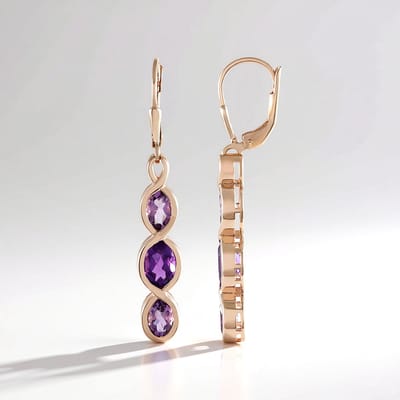 Cavill - Zilveren Oorbellen - 925 Sterling Zilver Rosé Verguld - 3,15 ct Braziliaanse Ovale Amethisten - Chique Modieuze Lange Hangers 44 mm
