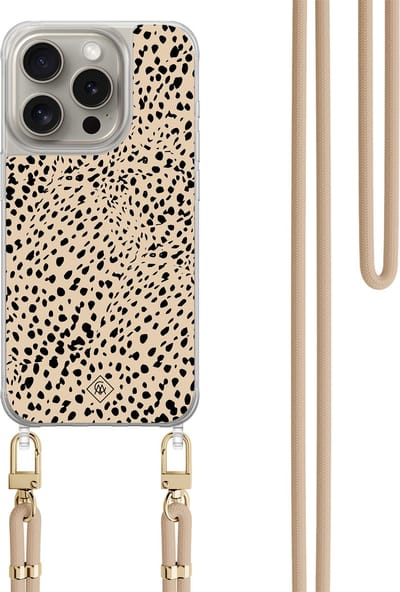 Casimoda® hoesje met beige koord - Geschikt voor iPhone 15 Pro - Stippen bruin abstract - Afneembaar koord - TPU/polycarbonaat - Bruin/beige