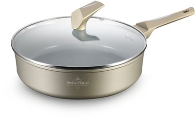 Swiss Haus® LDF28CH Hapjespan Inductie met Deksel - Ø 28 cm / 4.6 Liter - PFAS Vrij - Hapjespannen Voor Alle Warmtebronnen - Braadpan Met Sapphire™ Antiaanbaklaag - Champagne