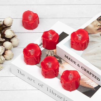 Red Flickering Flame Votive Candles with Timer, Melting Design (Plastic), Battery Powered LED Flameless Tea Lights for Party, Wedding, Halloween and Christmas, Pack of 12