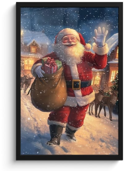 Poster in lijst - Fotolijst 40x60 cm - Posters - Kerstman - Dorp - Hert - Donker - Posterlijst zwart - Decoratie - Wanddecoratie woonkamer - Muurdecoratie slaapkamer - Kerstversiering - Kerstdecoratie voor binnen - Kerstmis