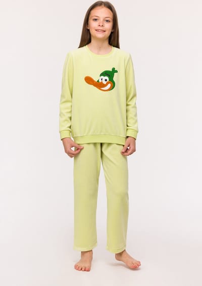 Woody pyjama meisjes/dames velours - lichtgroen - eend - 242-10-PDV-V/705 - maat 176
