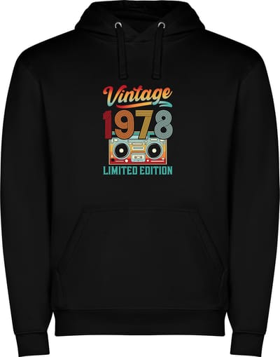 Zwarte unisex hoodie met “ Kleurrijke Vintage 1978 Limited Edition met Cassetttebandje – Verjaardag “ Print Full Color Color merk Roly maat S
