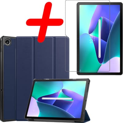 Hoesje Geschikt voor Lenovo Tab M10 Plus (3e / 3rd Generatie) - Met Screenprotector - Trifold Bookcase - Hard Cover - Hardcover Book Case - Tablet Hoes - Donkerblauw