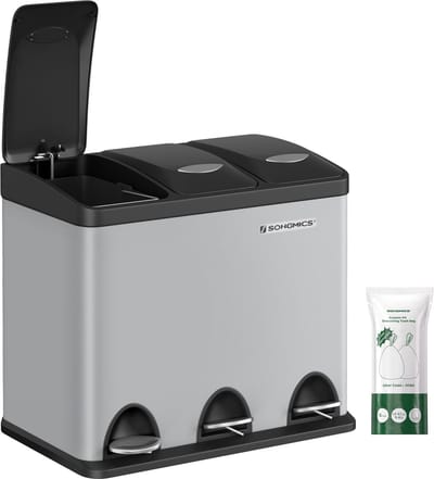 SONGMICS - Prullenbak - Pedaalemmer - Keuken - 3 Vakken Afvalsorteersysteem - Met Deksel en Pedalen