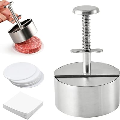 Hamburgerpers - Vleesvormer - Burgers Maken - Antiaanbaklaag - Inclusief 200 Vellen - Zilver