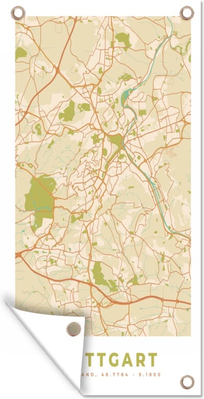 Schuttingposter Plattegrond - Stuttgart - Vintage - Kaart - Stadskaart - 100x200 cm - Tuindoek