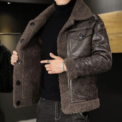 Veste d'hiver pour homme en fourrure une pièce avec laine d'agneau, veste à revers réversible, haut slim fit 4XL gray