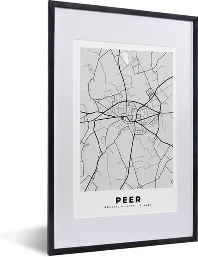 Fotolijst incl. Poster Zwart Wit- België – Peer – Stadskaart – Kaart – Zwart Wit – Plattegrond - 40x60 cm - Posterlijst