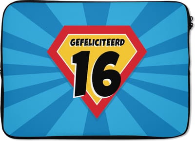 Laptophoes 13 inch - Verjaardag - Feest - 16 Jaar - Superheld - Laptop sleeve - Binnenmaat 32x22,5 cm - Zwarte achterkant