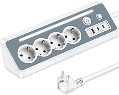 StayPowered Stekkerdoos - Slimme Oplaadoplossing met USB-C en LED-nachtlamp - 4 Stopcontacten - 3 USB-poorten - 90° Hoekontwerp - Overspanningsbeveiliging - Snelladen - 3680W Vermogen - Wit - Levering Sneller dan Aangegeven!