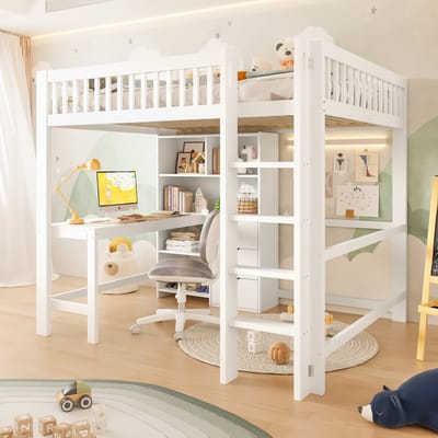 Stapelbed - 140x200 cm - Met Bureau En 3 Laden - Opbergruimte En Ladder - Hout - Wit