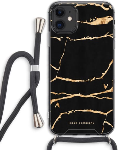 Case Company® - Hoesje met koord geschikt voor iPhone 11 hoesje met Koord - Gouden marmer - Telefoonhoesje met Zwart Koord - Bescherming aan alle Kanten en Over de Schermrand