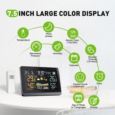 Draadloos Weerstation - Digitale Weermeter - Nauwkeurige Weersinformatie - Groot VA-Display - 59 inch - Zwart