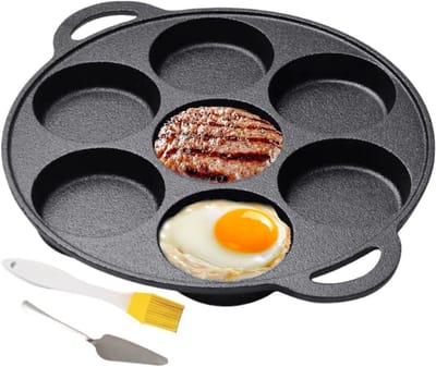 Gietijzeren pannenkoekenpan - Ontbijtpan 7 gaten - Ontbijt maken - Inclusief spatel borstel - 30.5 cm - Zwart