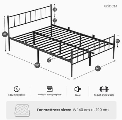 KUTAS Metalen Bed 140x190 cm - Met Met Hoofd- & Voeteneinde - Extra Stevig - Anti Slip - Grote Opbergruimte - Eenvoudig te Monteren - Lattenbodem - IJzeren Bed - Zwart