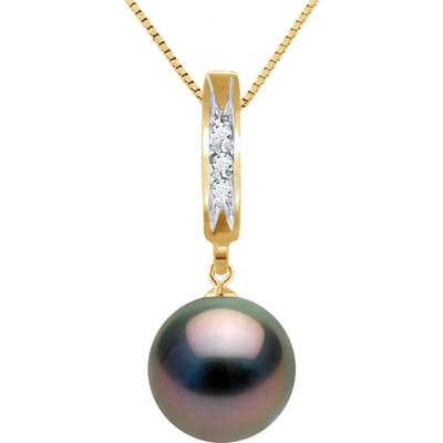 Ketting Diamonds 0,03 Cts Tahiti Pearl Ronde 9-10 mm Yellow Gold