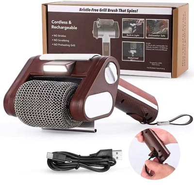 Bruin BBQ-borstel Borstelloze elektrische grillreiniger-304 roestvrij staal-draadloos met LED-verlichting-afneembaar 350rpm rol-grillaccessoire voor keuken en buitenbarbecue