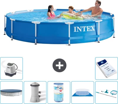 Intex Rond Frame Zwembad - 366 x 76 cm - Blauw - Inclusief Afdekzeil - Zwembadfilterpomp - Filter - Grondzeil - Schoonmaakset - Zoutwatersysteem - Zwembadzout - 8-delig