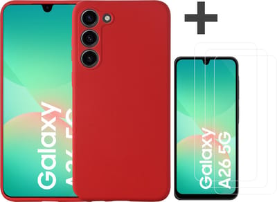 Hoesje geschikt voor Samsung Galaxy A26 hoesje zacht siliconen met 3 Stuks gehard glas Screenprotectors- Arara backcover - Rood