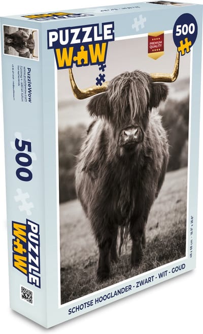 Puzzel Schotse hooglander - Zwart - wit - Goud - Legpuzzel - Puzzel 500 stukjes