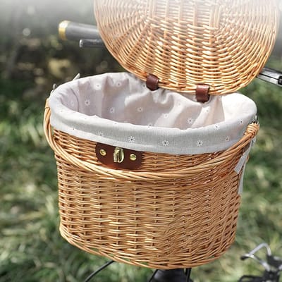 Fietsmand Geweven - Opbergmand Stijlvol - Boodschappen Vervoeren - Handgeweven Natuurlijk - 33 x 21.5 x 25 cm - Houtkleur