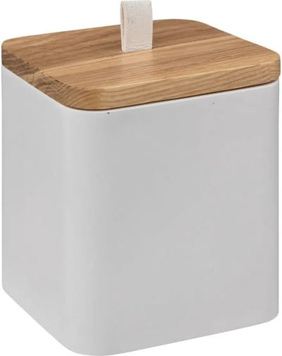 5Five Wattendispenser - wit - kunststof - bamboe - 9 x 9 x 10 cm - wattenstaafjeshouder