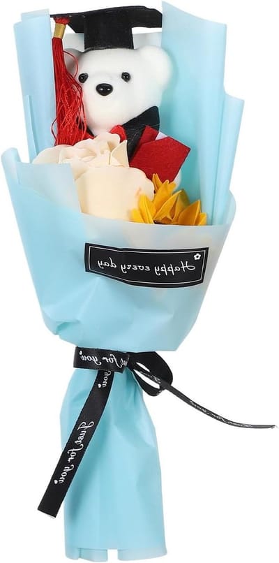 Afstudeerboeket Beer - Knuffelboeket - Feestdecoratie - Thema 2026 - 27.5 cm - Hemelsblauw