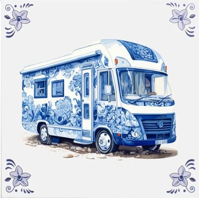 Delfts blauw tegeltje camper design - delfts blauw wandbord - delftsblauw - hollandse cadeautjes - wanddecoratie - decoratieve accessoires