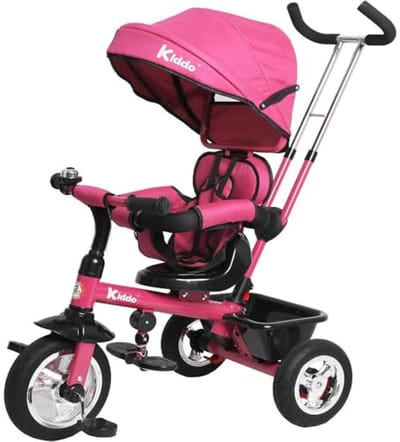 Kiddo Smart 4-in-1 driewieler voor kinderen, driewieler met draaibare stoel, achterrem en zonnedak (roze)