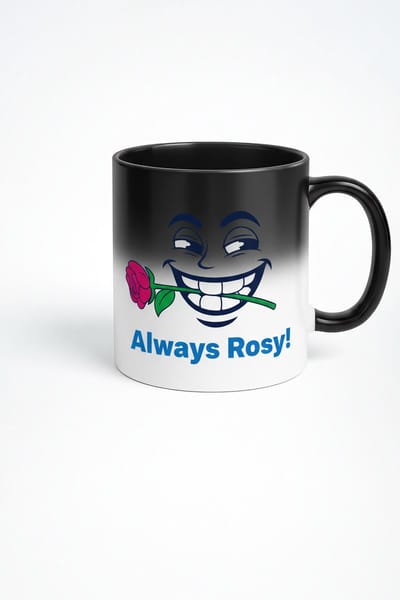 Magische Mok 'Always Rosy!' met Roos en Lachend Gezicht - Warmtegevoelige Kleurveranderende Mok