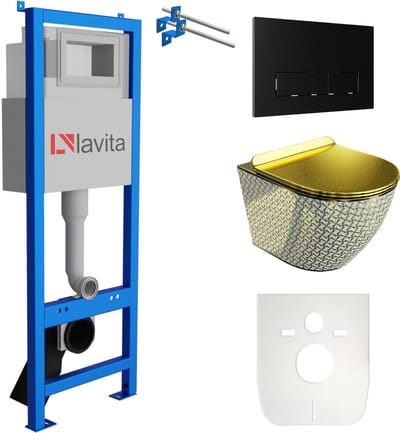 LAVITA LAV 101 SOFI SLIM GOLDEN NEVER DIE - Inbouwreservoir 40cm - Zwarte drukplaat - Rimless wandcloset - Toiletset