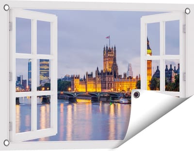 Gards Tuinposter Doorkijk London Big Ben en Westminster Brug - 60x40 cm - Tuindoek - Tuindecoratie - Wanddecoratie buiten - Tuinschilderij