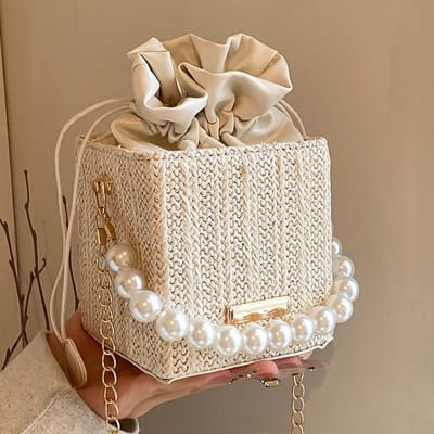 Version Coréenne Sac à Main Perle pour Femmes Nouveau Tendance Petit Sac Carré Sac à Bandoulière Chaîne à la Mode Sac Seau Tissé d'Été beige