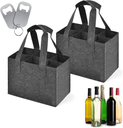 Set van 2 Flessentassen van Vilt met 2 Flessenopeners en 6 Verwijderbare Compartimenten, Ideaal voor Boodschappen en het Vervoeren van Lege Flessen, 25x16x18cm