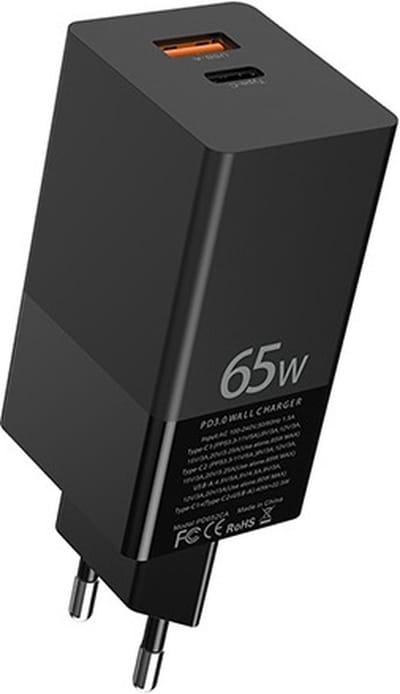 DrPhone Halo 2P DELUXE GaN 65W Thuislader – 2 Poorten – Qualcomm 3.0 & 1X USB C PD 3.0 Oplader – Krachtige Oplader – Multipoort – Zwart
