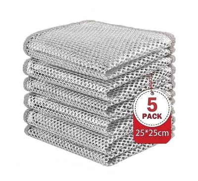 5 stuks multifunctionele dubbellaagse reinigingsdoeken, multifunctionele metaaldraaddoek, Metallic Scratch Resistant Multi-Purpose Wet and Dry Dish Cloths, Reusable Dish Cloths for Kitchen Cleaning,25*25 cm