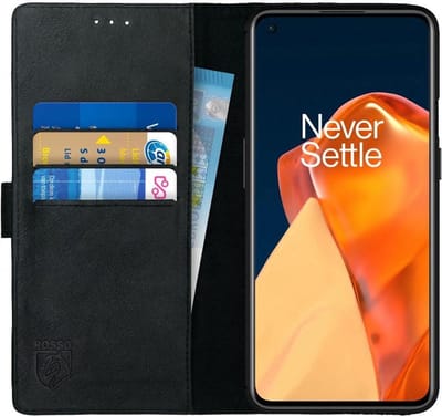 Rosso Deluxe Echt Leer Book Case Hoesje Geschikt voor OnePlus 9 | Ruimte voor drie pasjes | Portemonnee Book Case | Met Pasjeshouder | Zwart