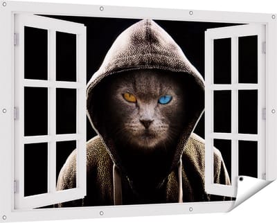 Gards Tuinposter Doorkijk Boze Kat Draagt een Hoodie - 150x100 cm - Tuindoek - Tuindecoratie - Wanddecoratie buiten - Tuinschilderij