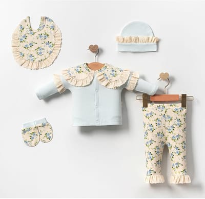 Babysetje 5-delig - Newborn kleding set / meisje - kraamcadeau - bloemen - baby set- baby kleding set- licht blauw- maat 56-62 kleding set