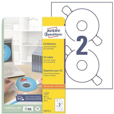 Avery-Zweckform L6015-25 CD-etiketten Ø 117 mm Papier Wit 50 stuk(s) Permanent hechtend Inkjet, Laser (zwart/wit), Laser (kleur), Kopiëren