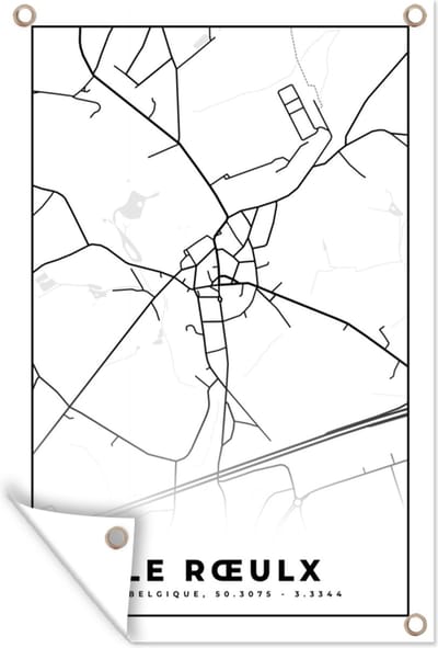 Muurdecoratie Zwart Wit – België – Plattegrond – Stadskaart – Kaart – Le Rœulx - 120x180 cm - Tuinposter - Tuindoek