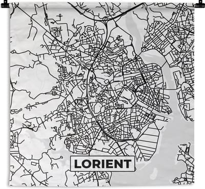 Wandkleed - Wanddoek - Frankrijk - Plattegrond - Stadskaart - Lorient - Kaart - Zwart wit - 180x180 cm - Wandtapijt
