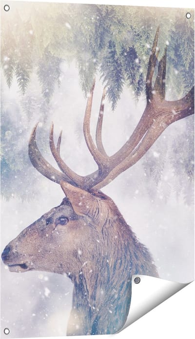 Gards Tuinposter Hertenkop - Hert op een Bomen Achtergrond - 60x90 cm - Tuindoek - Tuindecoratie - Wanddecoratie buiten - Tuinschilderij