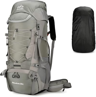 CarryQuest® - 75L Campingrugzak - Waterbestendige Nylon Hiking Backpack met Regenhoes, Schoenenvak, Laptopvak, Waterzakcompartiment & 30x22x80 cm - Grijs