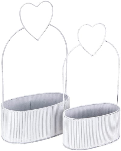 Decoratieve ovale metalen schaal met hartje, wit, 20/16 cm, set van 2