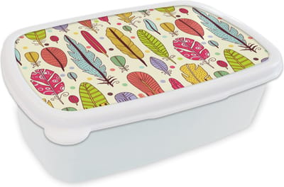 Broodtrommel Wit - Lunchbox - Brooddoos - Patroon - Veren - Kleuren - Jongens - Kinderen - Kids - Kind - 18x12x6 cm - Volwassenen